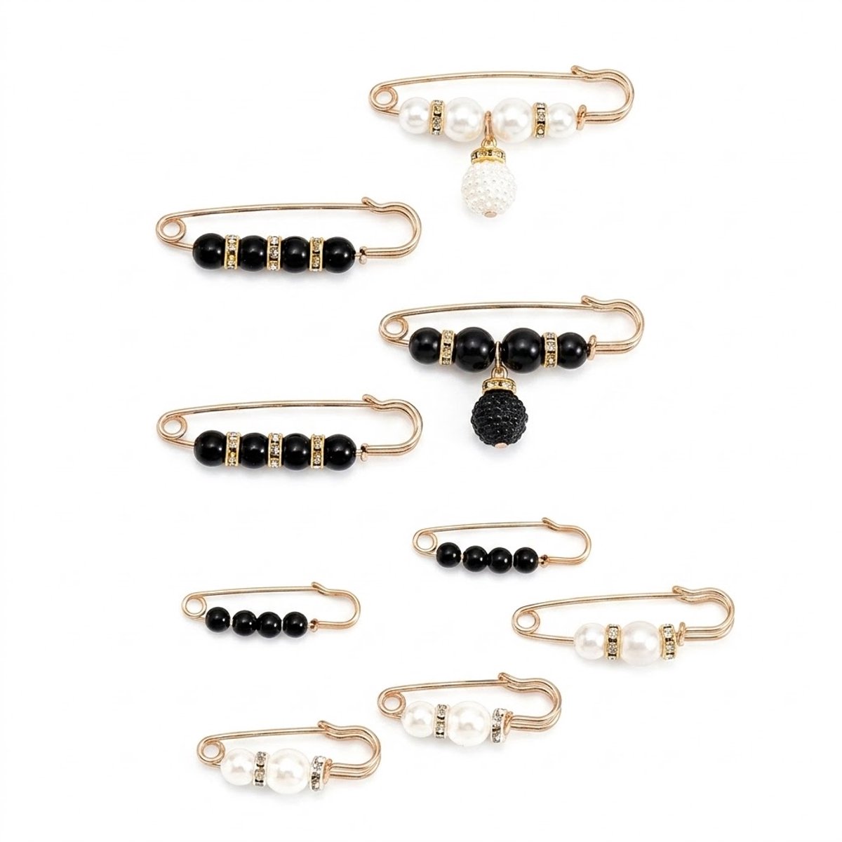 Goudkleurig zwart wit spelden veiligheidsspelden set met parel en strass decoratie dames broche spelden 8 stuks voor kleding sjaal en broek verstelbare sluitspelden