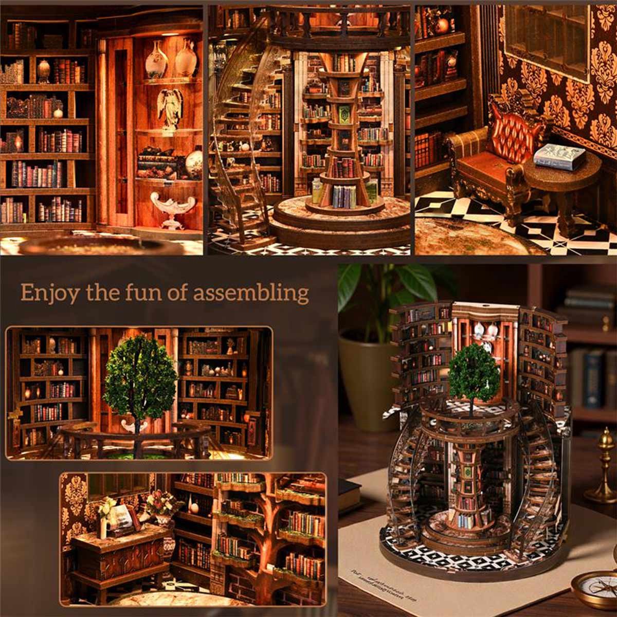 Miniatuur Bouwpakket-DIY Book Nook Kit-DIY Miniatuur Boekenkast met LED & Deur – Houten 3D Puzzel Bibliotheek – Touch Verlichting – Decoratie & Cadeau voor Volwassenen — afbeelding 9