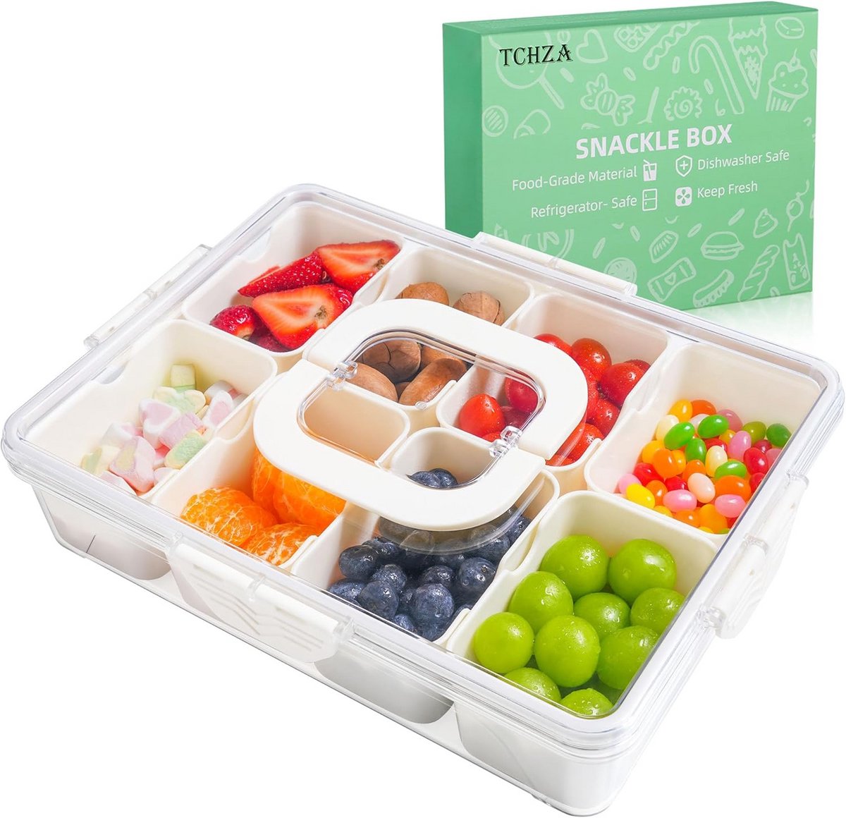 Snackle Box Container - Verdeelde Snackbak met Deksel en Handvaten - Geschikt voor de Vaatwasser, Ideale Snackverpakking voor Onderweg