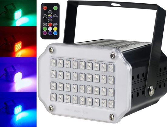 LED-stroboscooplamp met afstandsbediening en collage van verschillende lichteffecten aan de zijkant.