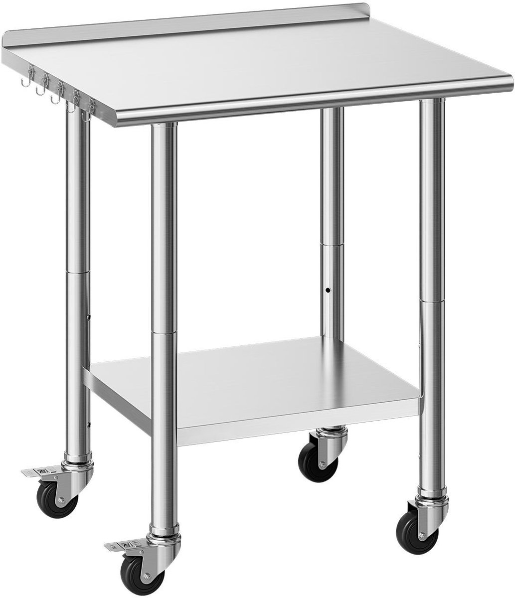 RVS Werktafel Horeca - Tafel Met Onderblad - Afm. 76,2x61x89,4 cm - Verstelbaar Onderblad - Met Wielen - Opstaande Rand 3 cm - Draagkracht 204/168 kg