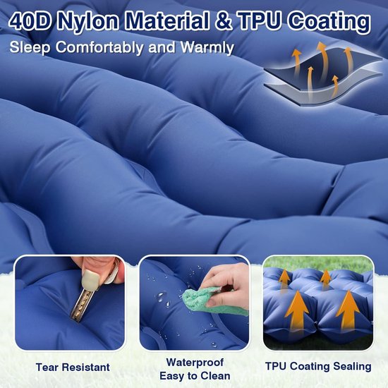 VR7 Double Sleeping Mat - Self Inflating Camping Mat - Camping Mattress with Built-in Foot Pump and Cushions Camping Mat for Hiking, Backpacking Tent - Blue — afbeelding 2