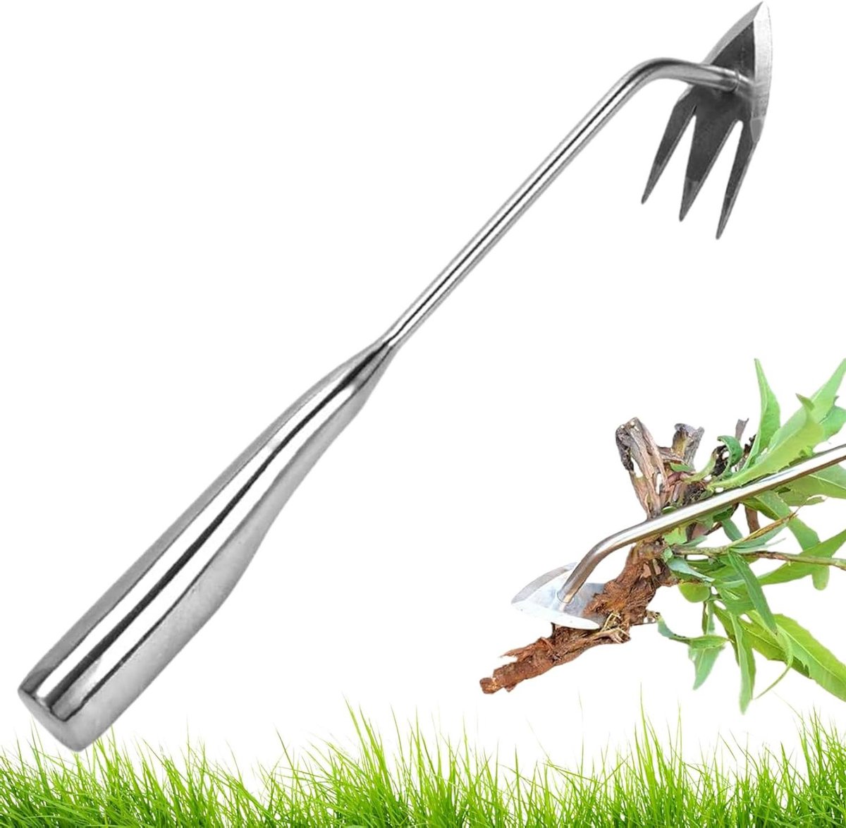 Handmatige onkruidverdelger - Tuin gereedschap - Onkruid wieden - Ergonomische grip - 3 tanden - Roestvrij staal