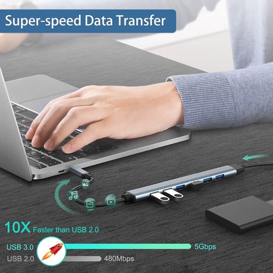 USB Hub - Poorten Uitbreider - Apparaten Koppelen - 7 Gelijktijdige Poorten - 5 Gbps Snelheid - Zilver — afbeelding 3