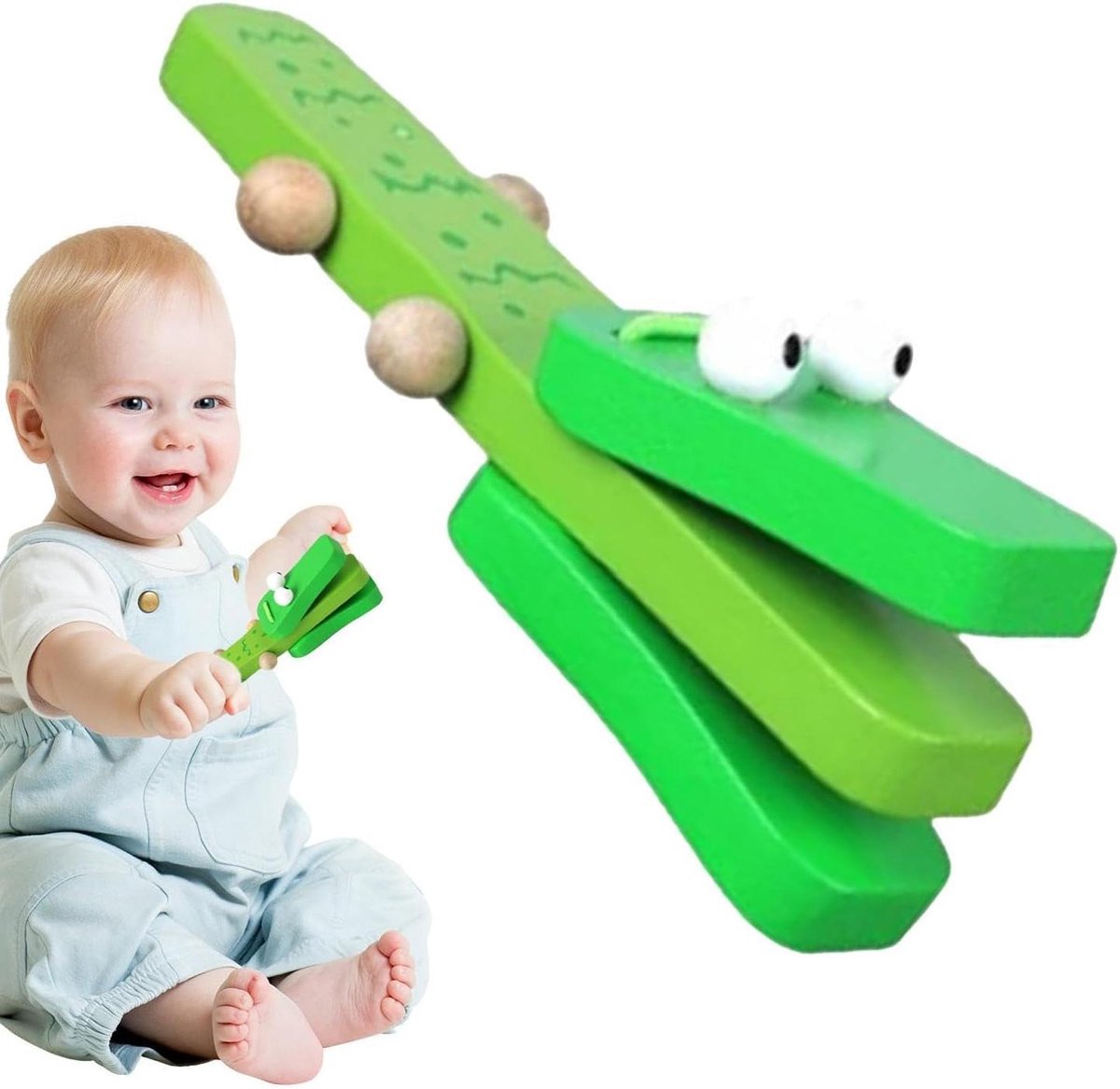 Houten Castagnetten - Muziekinstrument Peuters - Muzikaal Leren - Krokodillenvorm - 40 gram - Groen