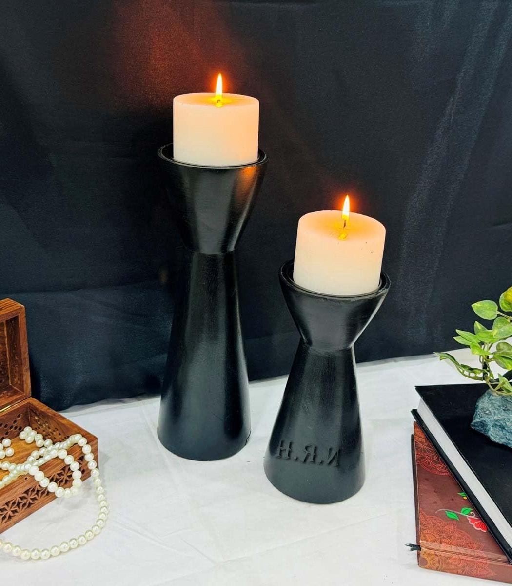 Kaarsenstandaard Set - Houten Kandelaars - Decoratie Huis - Rustieke Farmhouse Stijl - 30x10 cm - Zwart