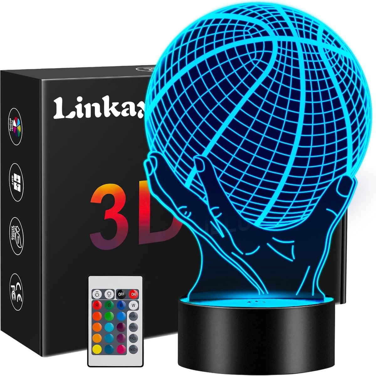 3D Optische Illusie Nachtlamp voor Kinderen - Basketbal Design met 16 Kleuren - Slaapkamer Decoratie & Cadeau