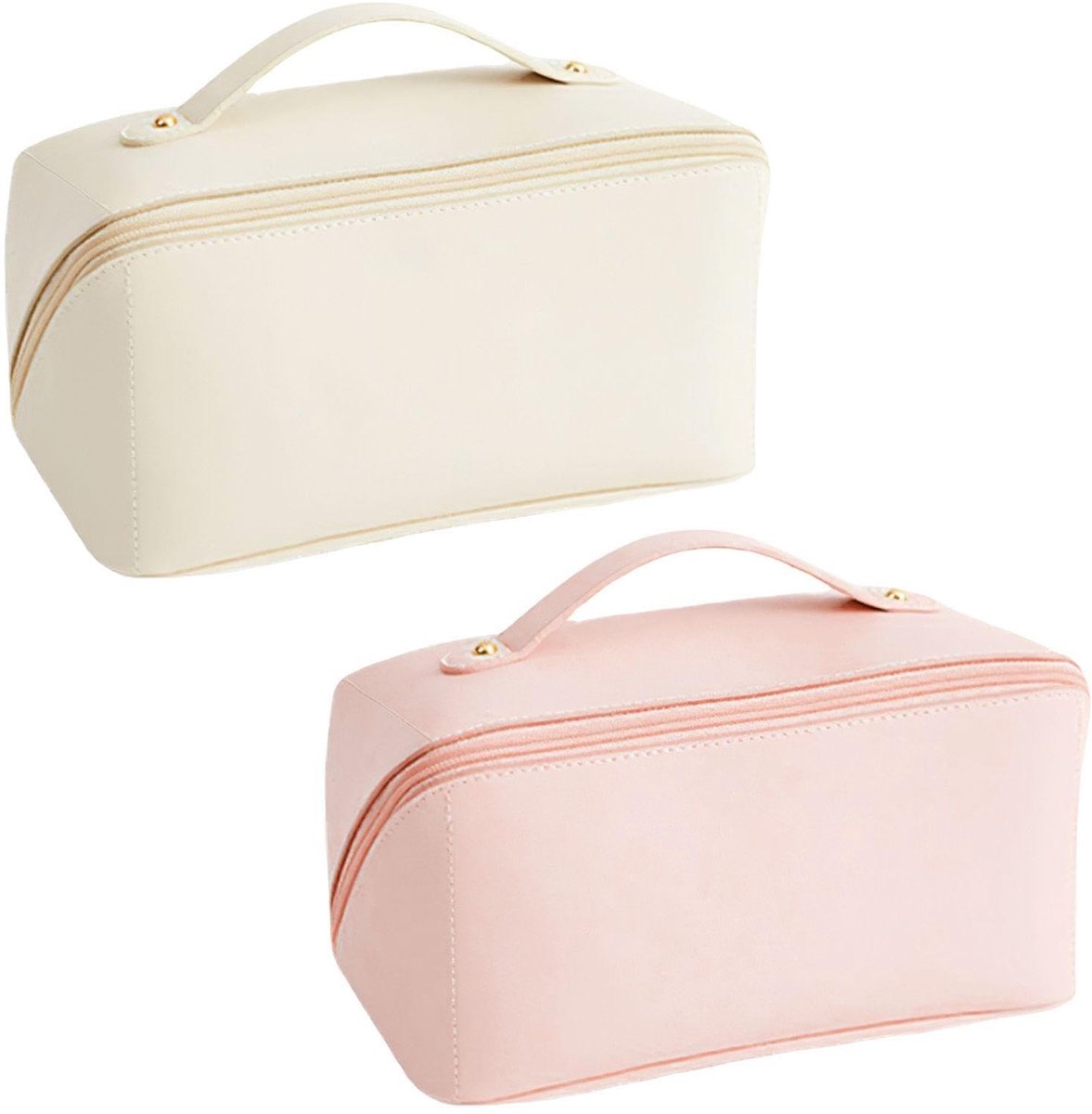 MTTproducts- Make-up Tas Grote Capaciteit - Make-up Tas Waterdicht - Make-up Tas 2 Stuks - PU Materiaal - Wit/Roze - Eenvoudig Ontwerp - Cosmetica Tas