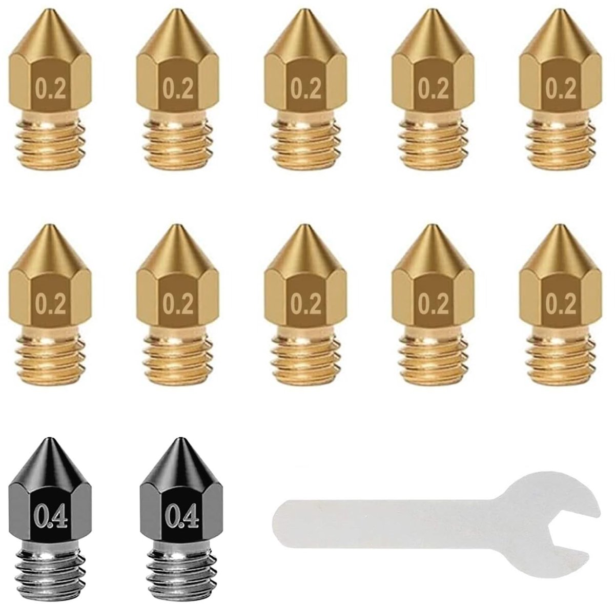 MTTproducts- Sproeiers Set 12 Stuks - 3D-Printersproeiers MK8 - 2 x 0,4 mm Geharde Stalen Sproeiers - 10 x 0,2 mm Messing Spuitmonden - Moersleutel - Hoge Thermische Sterkte - Spuitmond