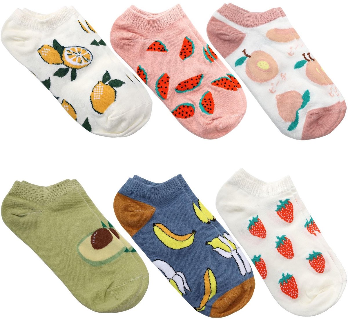 MTTproducts- Sneakersokken dames - 6 paar - Katoenen sportsokken - Modieuze motieven - Fruitmotief - Lichtgewicht en zweetafvoerend - Damessokken