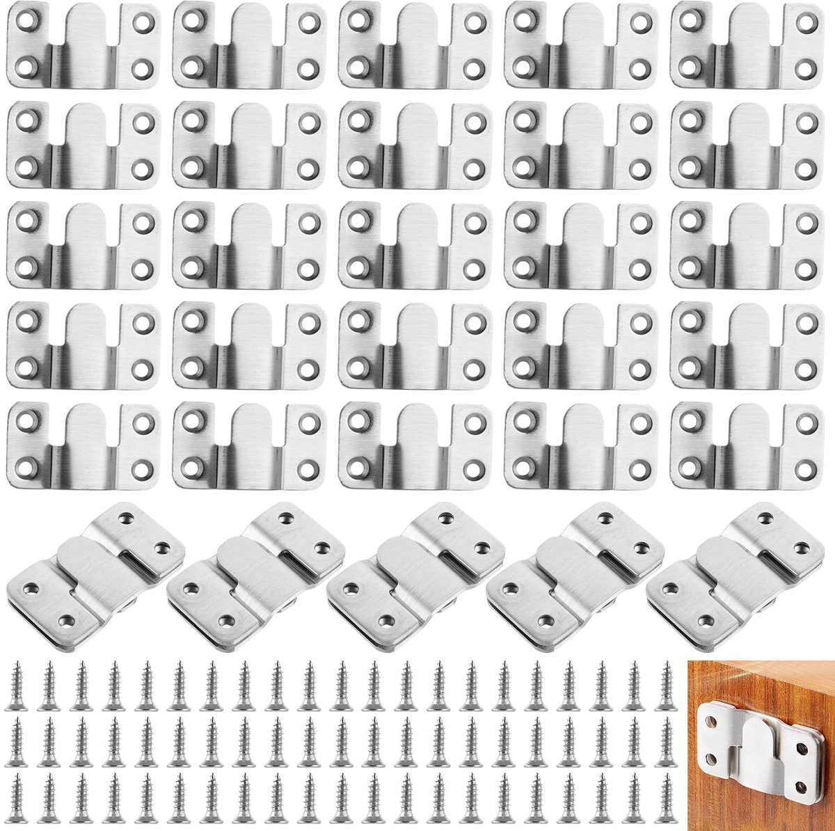 MTTproducts- Fotolijsten Set van 30 - Interlocking Haken - Roestvrij Staal - Bevestigingsschroeven 120 stuks - 54x30mm - Schokbestendig Ontwerp - Fotohaakjes