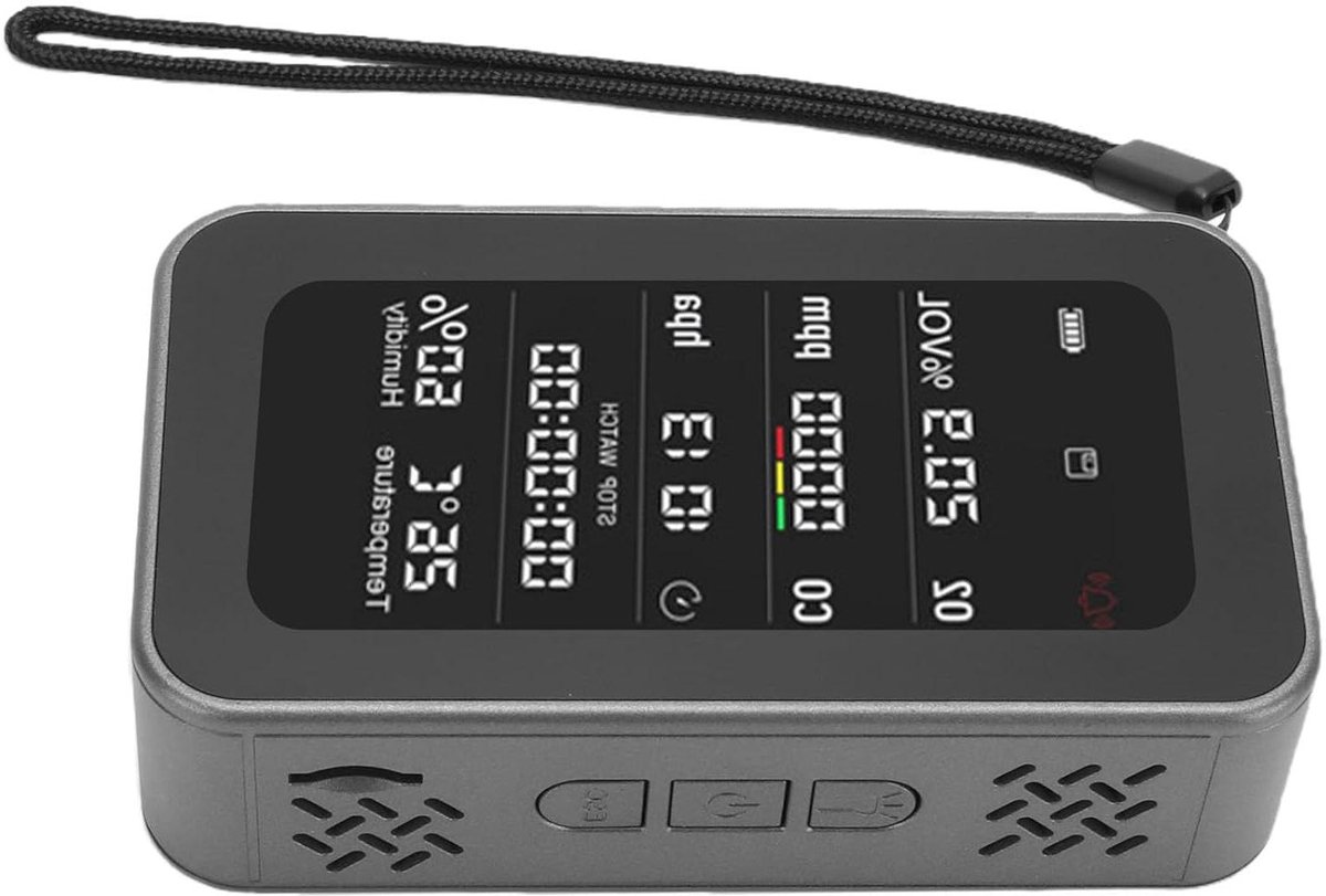 Luchtkwaliteitsdetector - Zuurstoftester Vochtigheidsmeter - Buiten Activiteiten - Met Zaklamp Stopwatch - 110 mm - Grijs