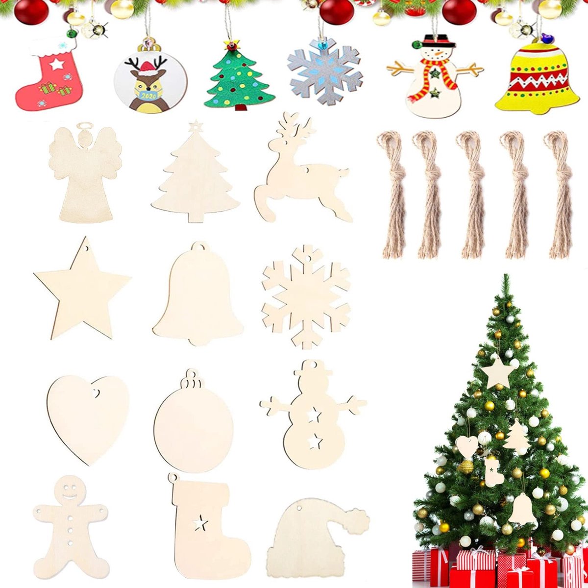 Cosensi- Houten Hangers 86 Stuks - Kerstboomhanger - Doe-Het-Zelf Decoratie - Creatieve Activiteit - Hoogwaardige Kwaliteit - Glad Hout - Kerstdecoratie