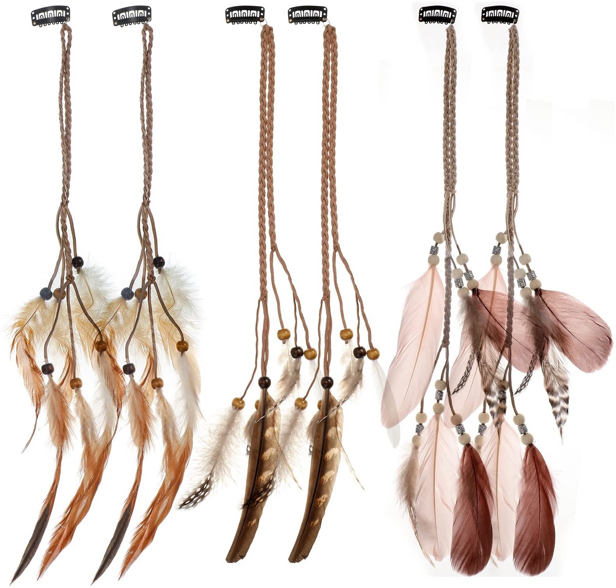 Cosensi- Haarsieraad Handgemaakt - 6 Stuks Veren - Haaraccessoires met Clip - Boheemse Stijl - Kostuumfeest - Lengte 78 cm - Haarextensie