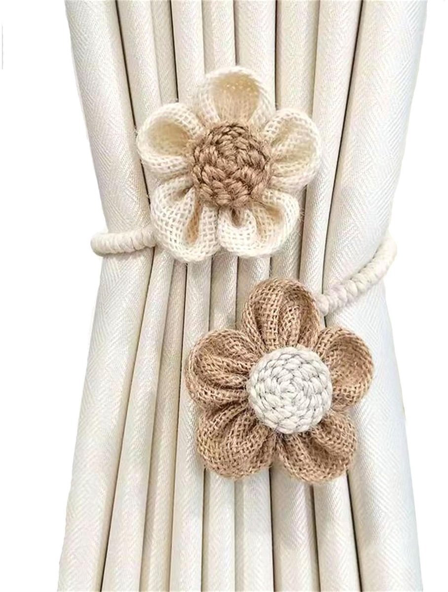Cosensi- Gordijnhouders Handgemaakt - 4 Stuks - Katoen Linnen - Verstelbaar - Boho-Stijl - Beige/Kaki - 53 cm Lengte - Gordijnstropdas