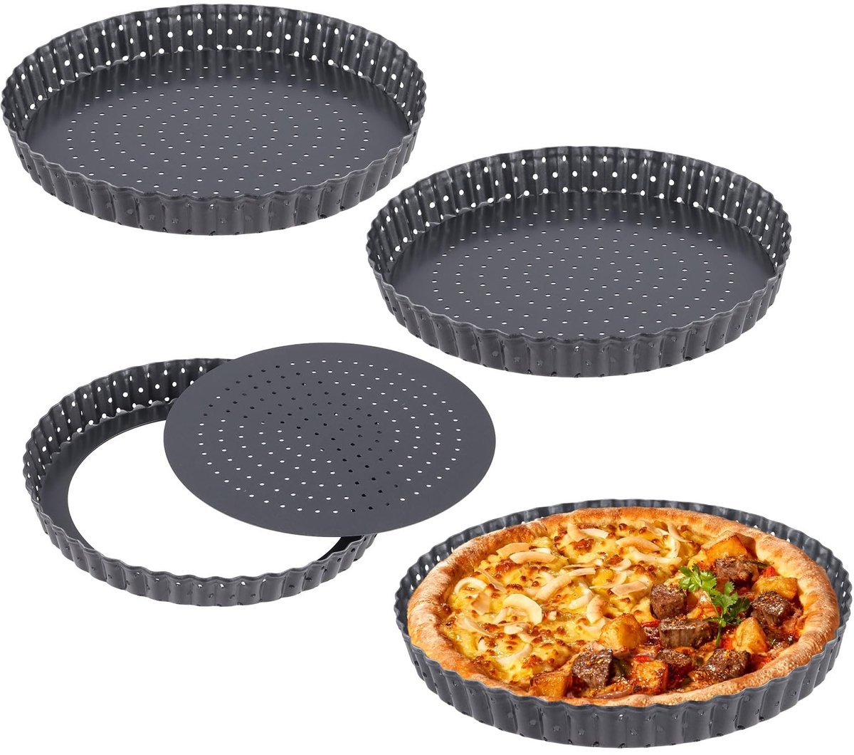 Cosensi- Quicheblik 20 cm - Geperforeerd - Antiaanbakvorm - Koolstofstaal - Set van 4 - Elegante geribbelde randen - Taartvorm