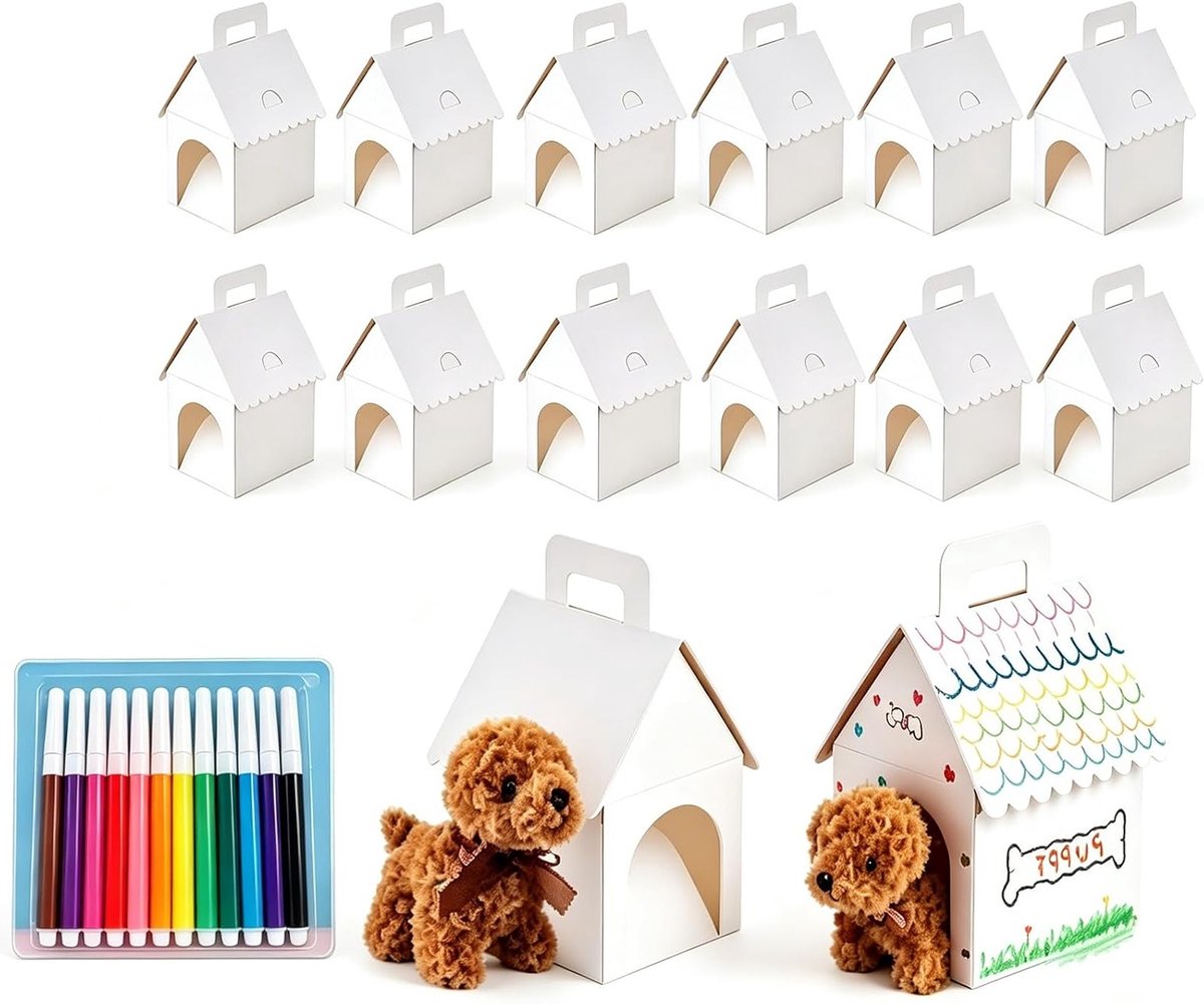 Lege geschenkdozen in huisvorm met kleurpotloden voor puppy-thema, opvouwbare en draagbare feestdozen, perfect voor cadeauverpakkingen en feestdecoratie