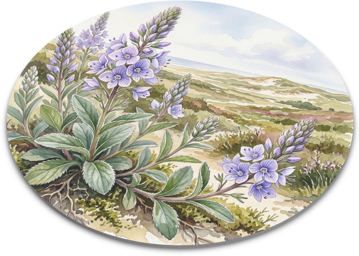 Ronde Muismat - Mannetjesereprijs Veronica officinalis - Aquarel Botanische Paarse Bloemen en Hollands Duinlandschap met Zeezicht - Mousepad Kantoor - Diameter 22 cm