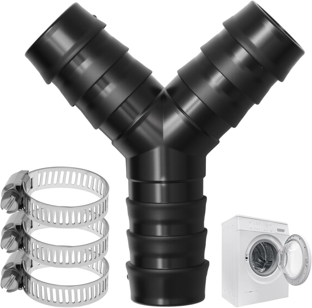 Y-distributor voor waterverbinding, 2-way Y-splitter met 3 slangklemmen voor wasmachine en vaatwasser, dubbele aansluiting en afvoer