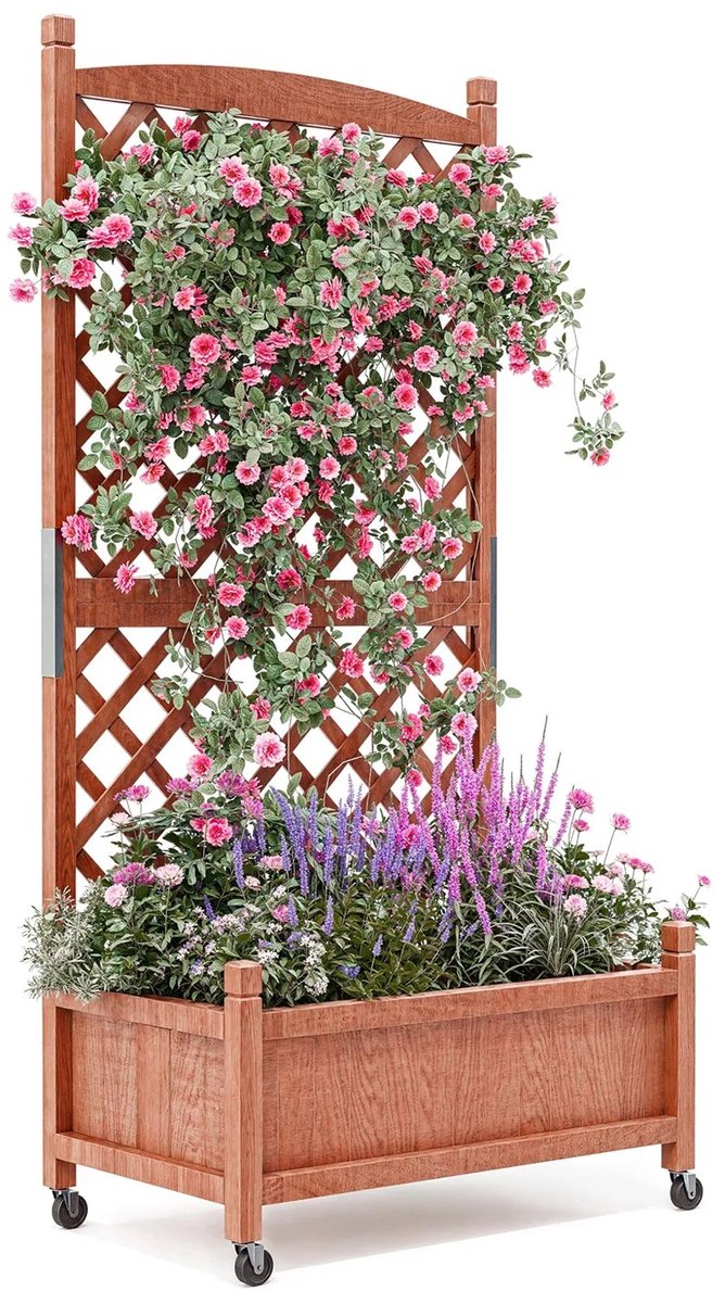 Archi Houten Plantenbak Met Trellis Op Wielen – Bloempot - 75 x 66 x 156 cm – Verhoogd Tuinbed Met Klimrek En Drainagegaten – Bruin