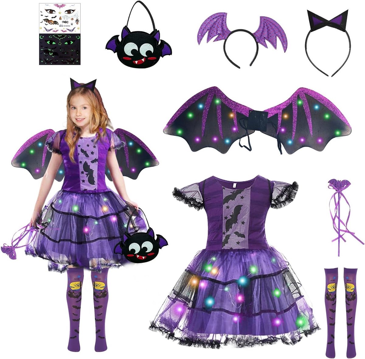 Bat Kostuum voor Meisjes - Halloween Outfit met Bat Wings en Bat Jurk voor Kinderen - Perfect voor Carnaval en Feestjes