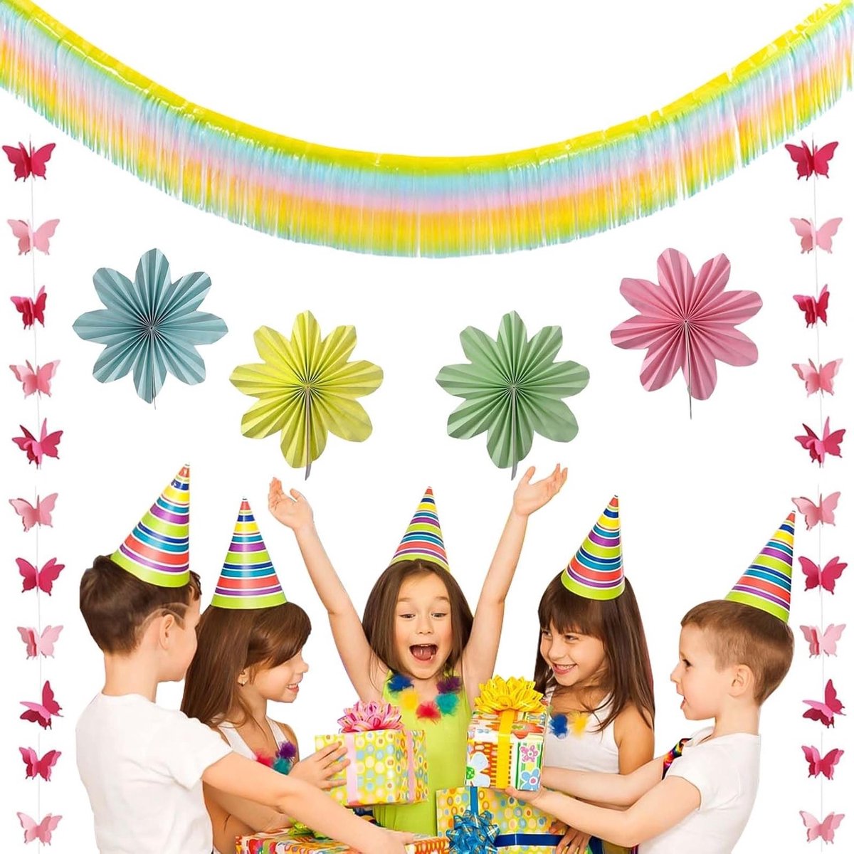 Kleurrijke Papieren Decoratieset voor Feestjes met Bloemen, Vlinders en Regenboog Banner voor Verjaardagsfeest in Pastelkleuren