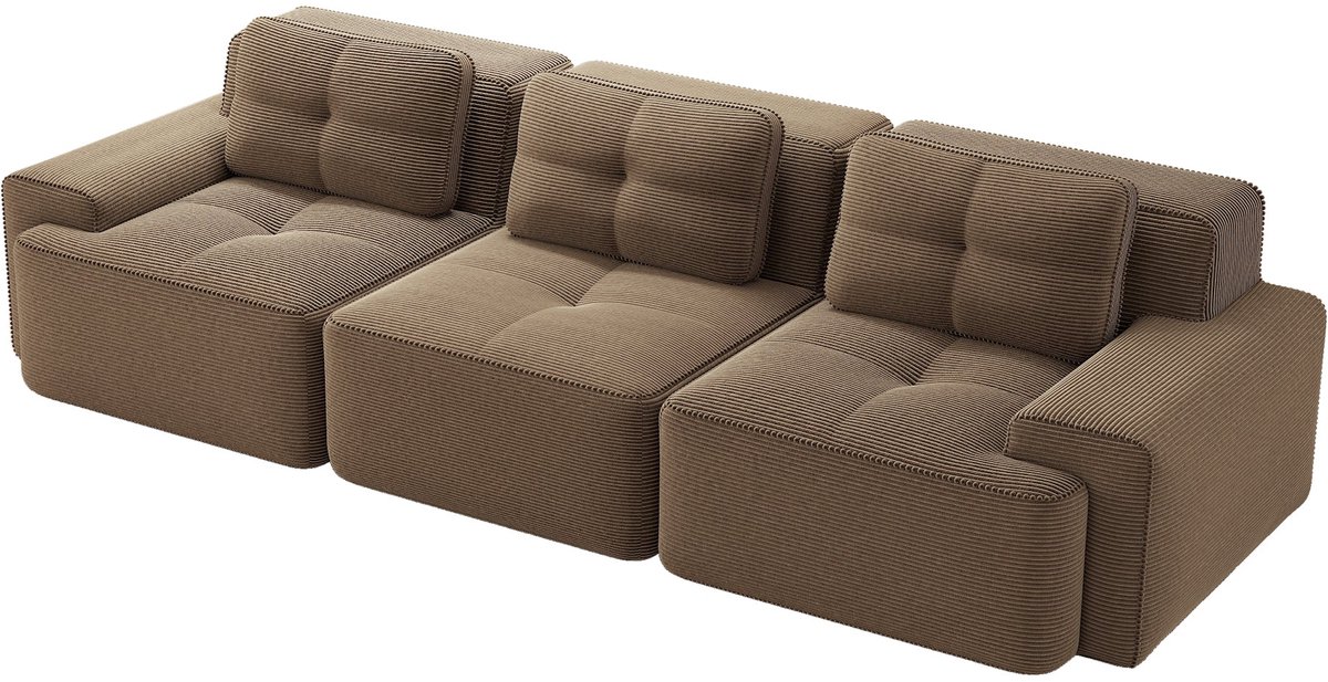 Merax Cloudbank 3-Zits - Bruine Ribstof Bank 293 cm - Modulaire Loungebank met Diepe Zitting - Frameloze Sofa - Antislip Onderzijde - Geen Montage Nodig