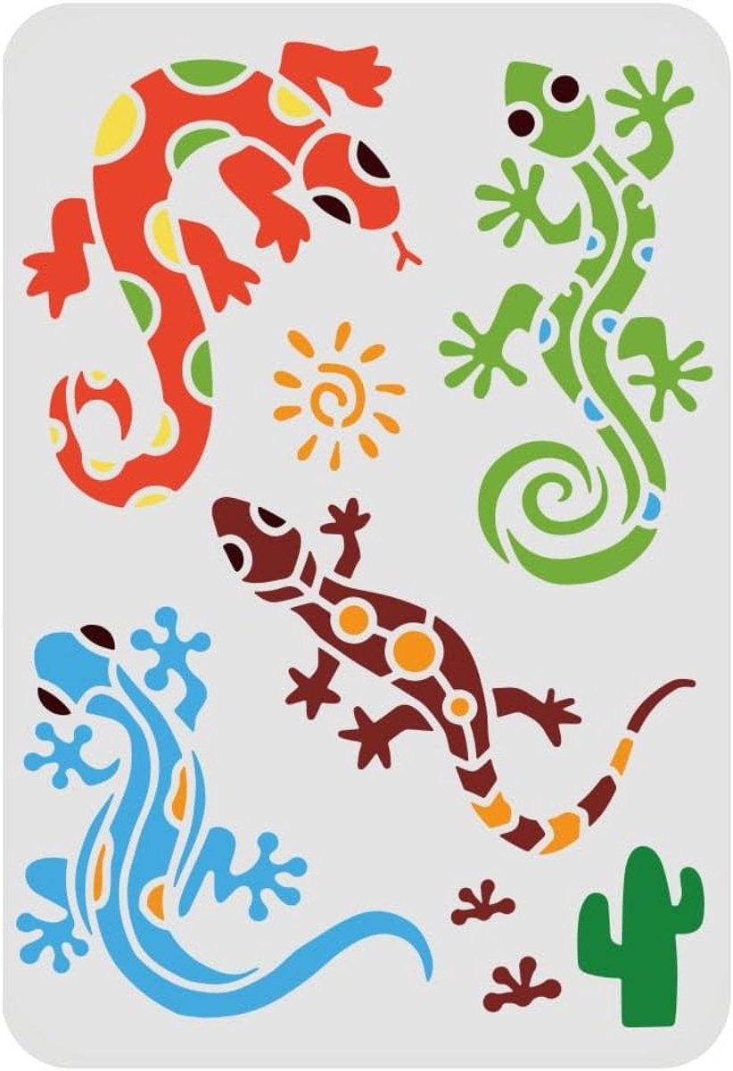 Template voor het schilderen van hagedissen, 29.7 x 21 cm, herbruikbaar sjabloon voor dieren, Azteekse ontwerpen, creatief tekenen op hout, tegels, papier en stof