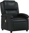 Frontaal aanzicht van een zwarte, gestoffeerde fauteuil met hoge rugleuning en armleuningen.