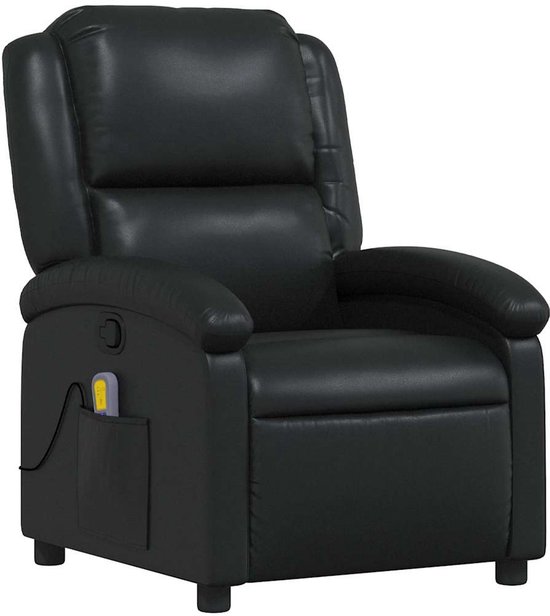Frontaal aanzicht van een zwarte, gestoffeerde fauteuil met hoge rugleuning en armleuningen.