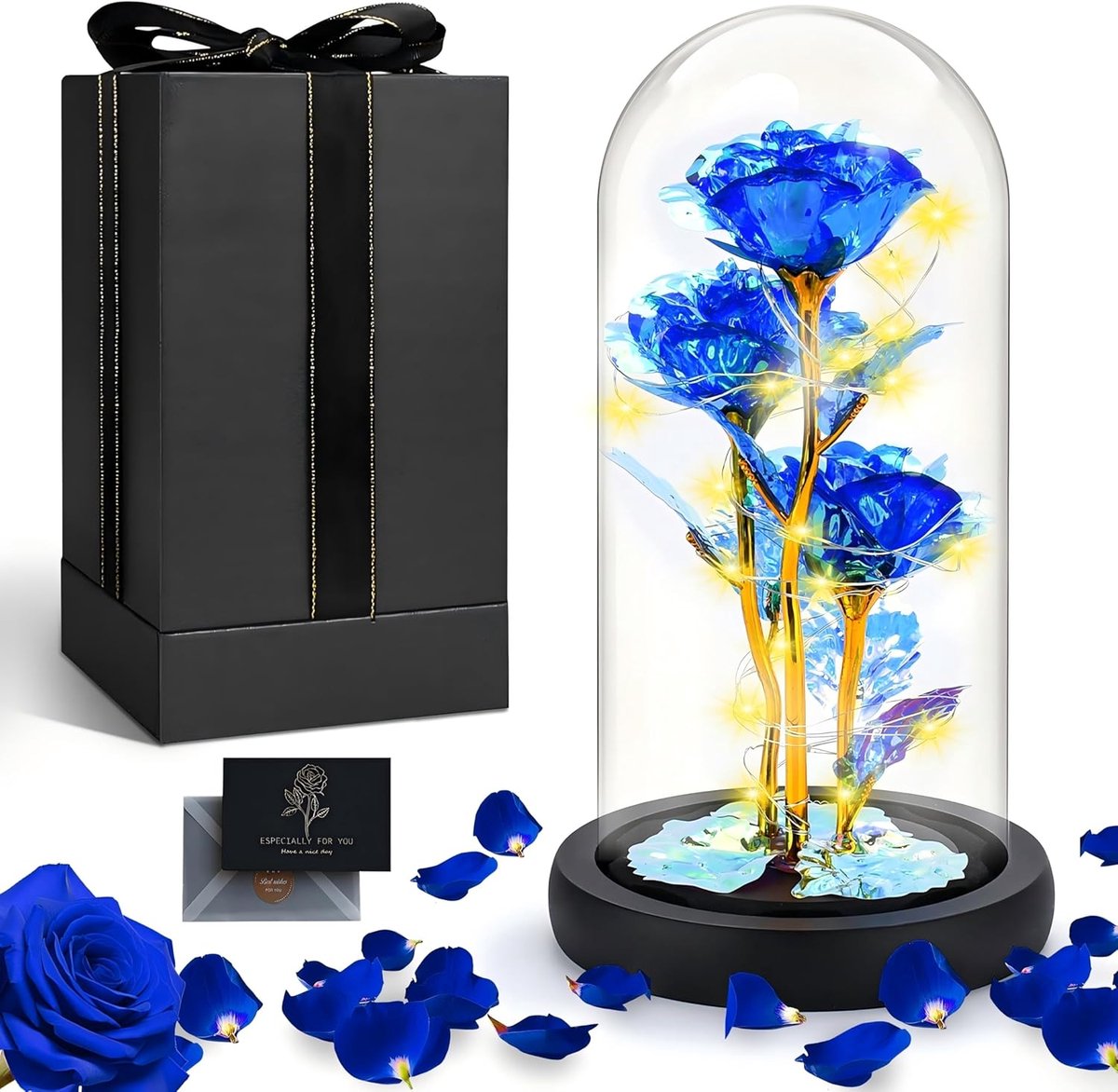 Eeuwige Roos - Geconserveerde Bloem - Cadeau Geven - Met LED Verlichting - 26.9 x 23.7 cm - Blauw-Goud
