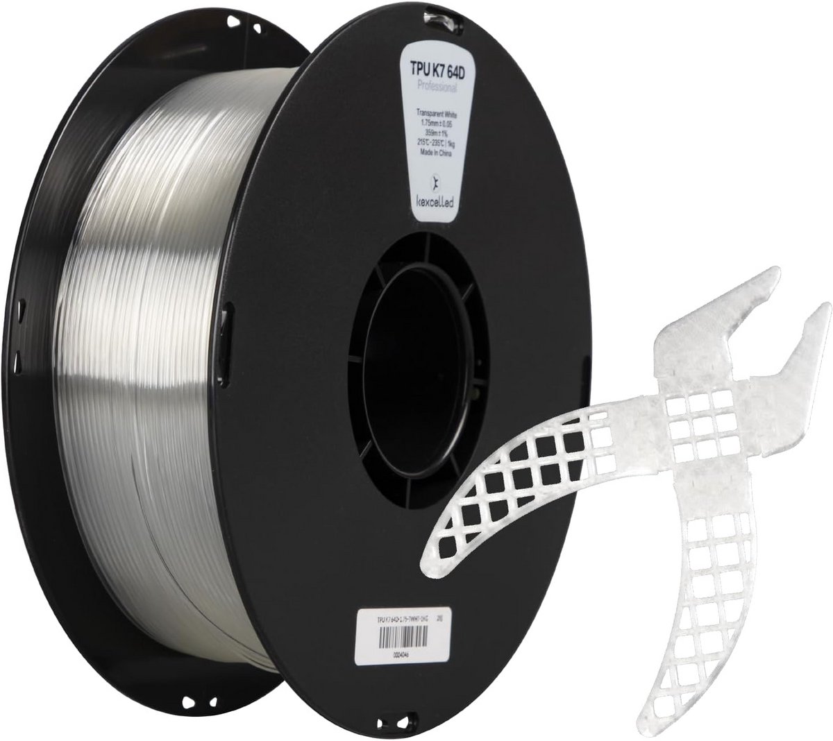 kexcelled TPU 64D Filament 1.75mm, 1KG Spool (2.2lbs), Flexible Soft 3D Printer Filament, Wear-resistant, Size Accuracy +/- 0.05mm, Transparent White
