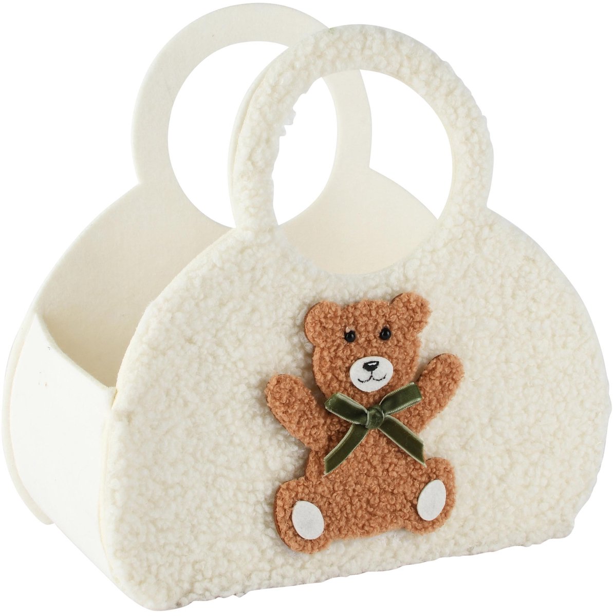 Dekoratief | Mandje m/handvaten m/beertje, wit, stof, 28x13x27cm | A265280