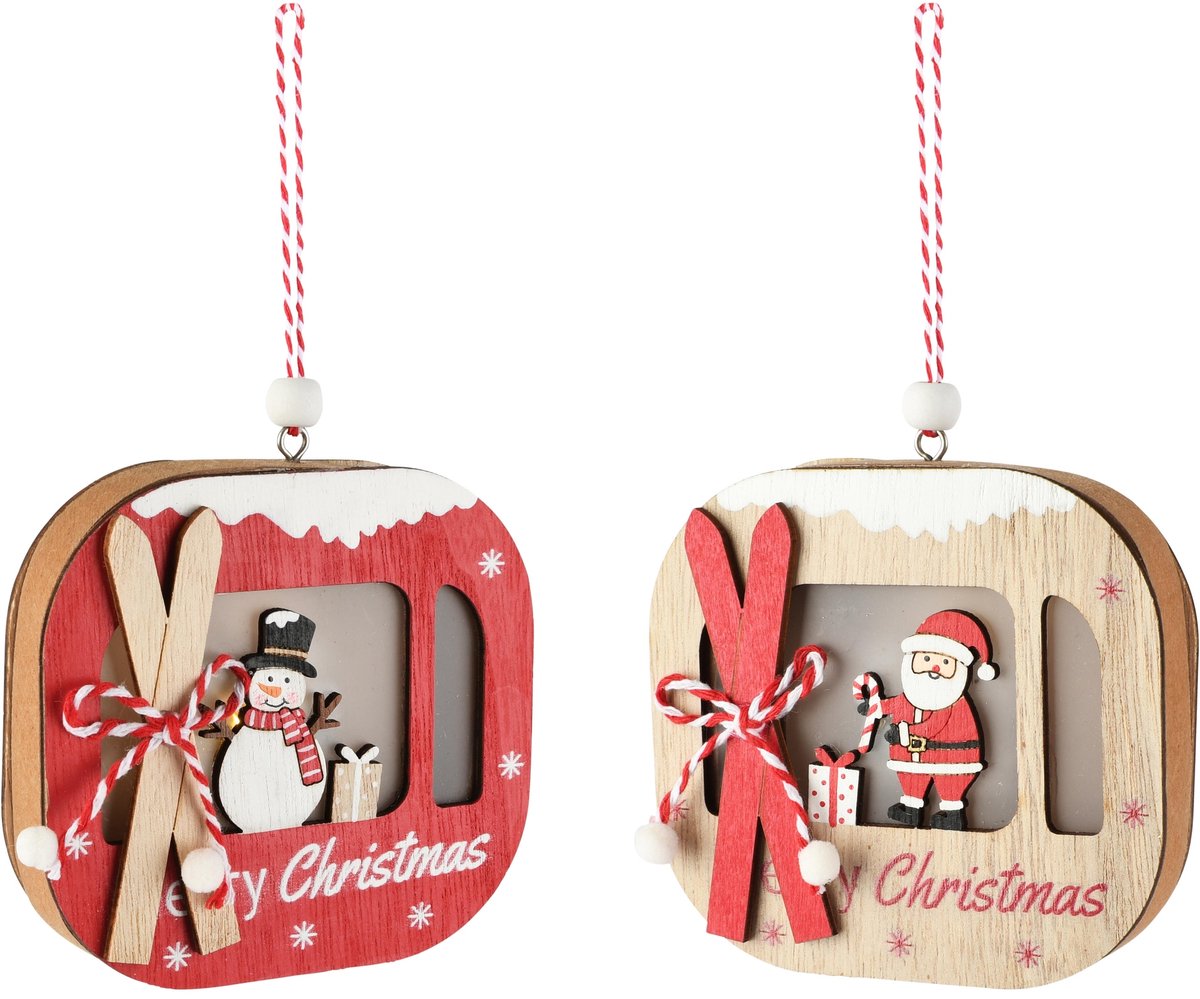 Dekoratief | Hanger gondel m/ski's, rood/naturel, hout, LED, 10x10x2cm, set van 2 stuks | A265282