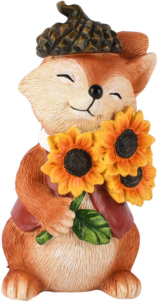 Dekoratief | Vosje m/zonnebloemen, oranje/geel, resina, 7x6x13cm | A265439