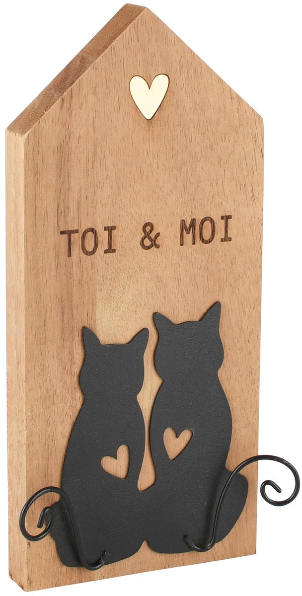 Dekoratief | Deco huis m/poesjes 'Toi & Moi', naturel/zwart, hout, 12x3x22cm | A265212