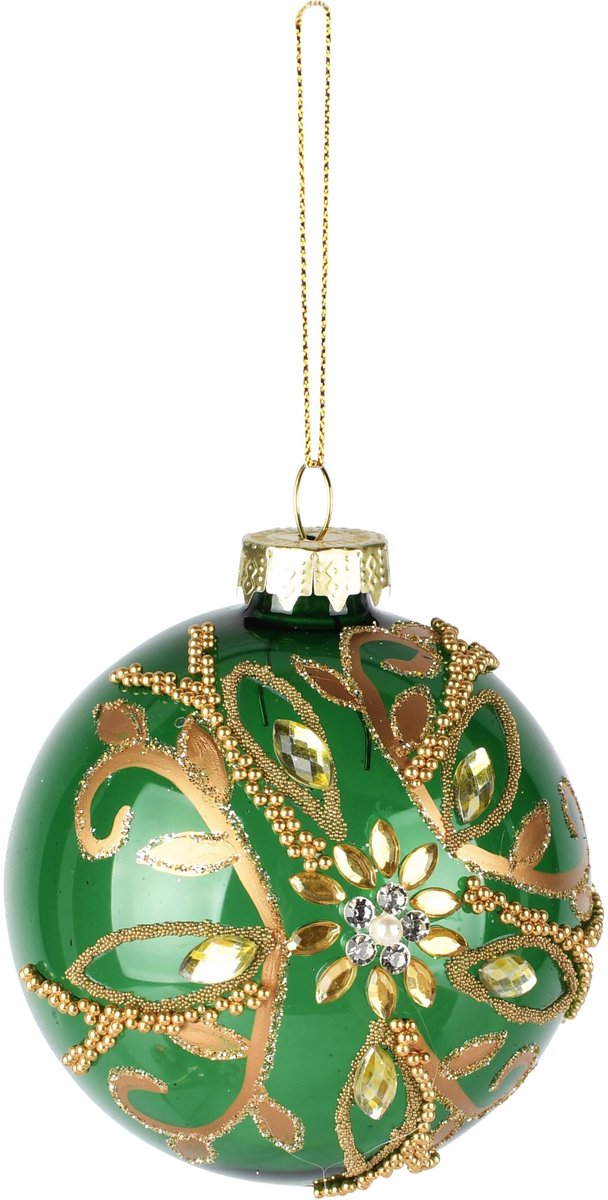 Dekoratief | Hanger bal m/steentjes, groen/goud/transparant, glas, 8x8x8cm | A265636