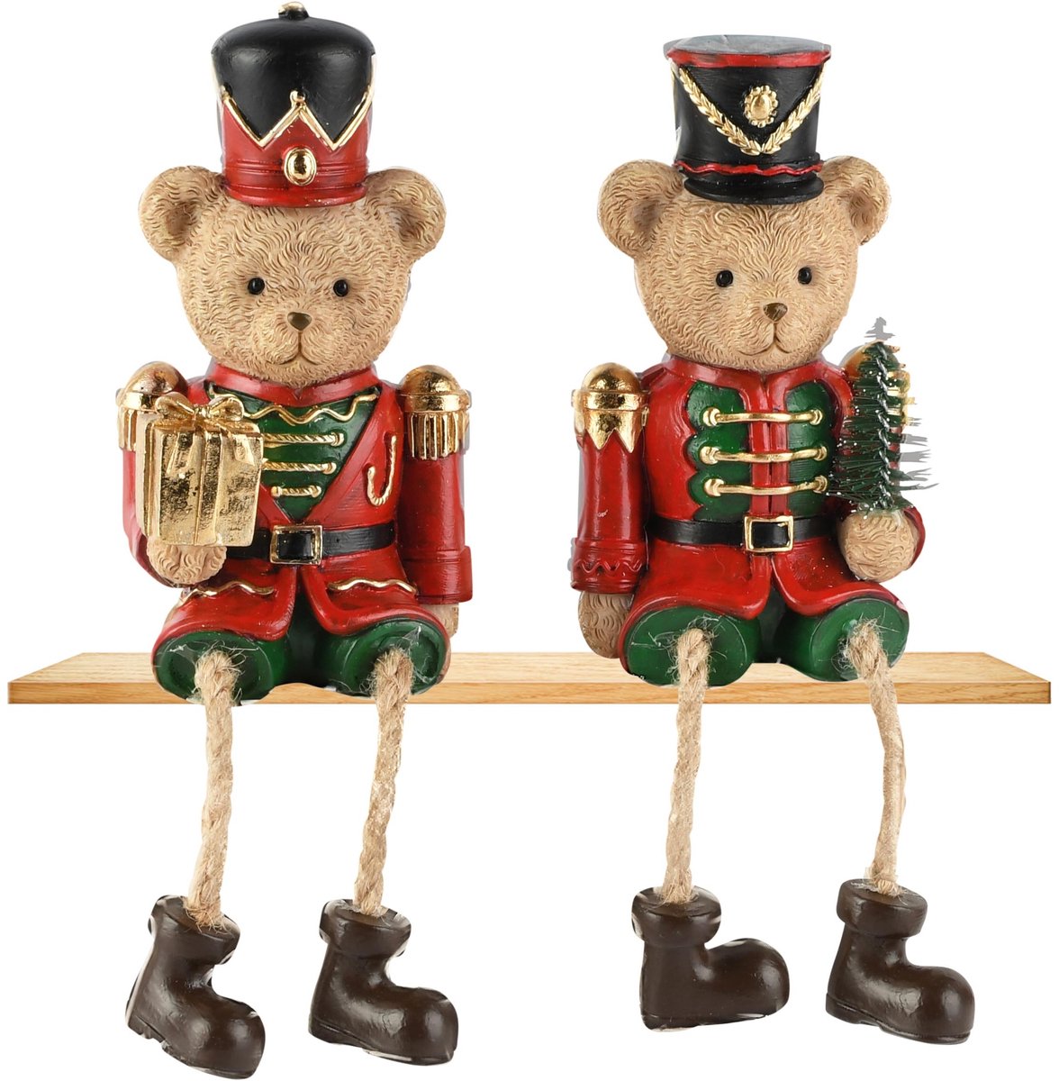Dekoratief | Beertje zittend m/hangbenen, rood/groen, resina, 6x5x11cm, set van 2 stuks | A265854