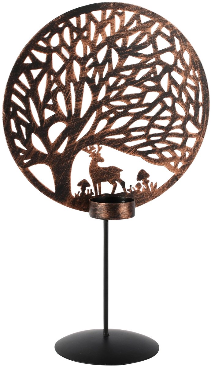 dekoratief Theelichthouder 'Deer Life Tree', zwart/goud, metaal, 20x11x35cm | A268197