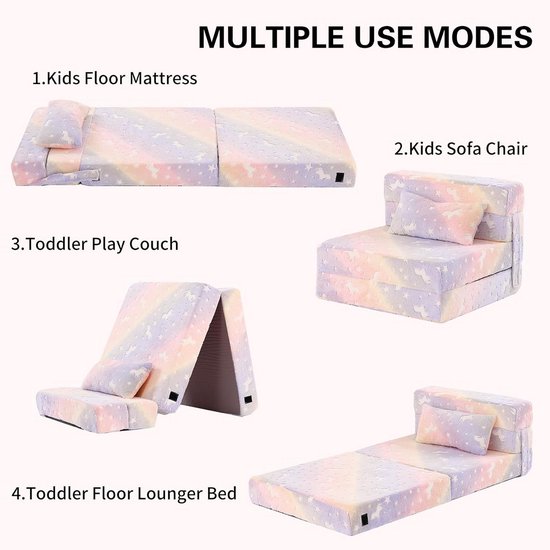 Kindersofa Bed, Kindervloermatras Gloeiend in het Donker, Baby Modulaire Blauwe Dinosaurus Bank, Opklapbare Kindersofa Converteerbare Futon Opklapbare Matras Stoel Bed voor Speelkamer, Paard — afbeelding 2