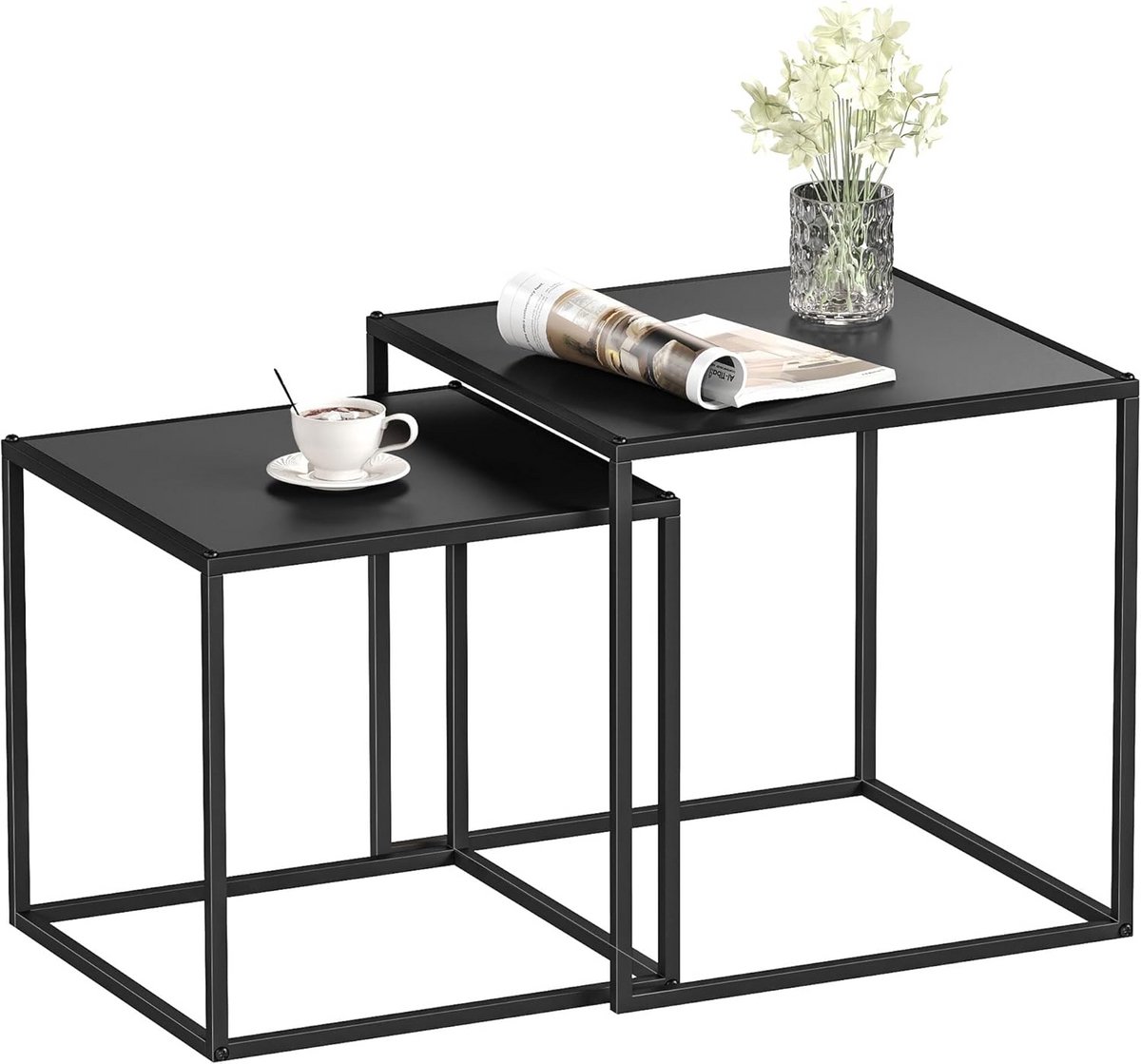 Set van 2 Moderende Salontafels, Vierkant, Zwarte Stalen Framen, 40 x 40 x 40 cm en 35 x 35 x 35 cm, Ruimtebesparend en Stapelbaar, Ideaal voor Woonkamer of Salon