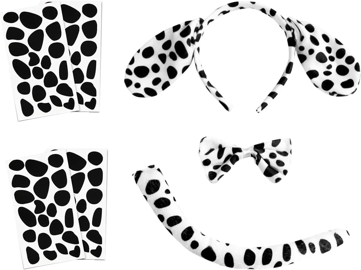 Dalmatijnse Kostuumset met Oren, Strik en Staart voor Halloween en Carnaval - Inclusief Zelfklevende Viltplakjes voor Feestjes en Jungle Thema's