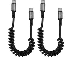 2x USB C Kabel Uitrekbaar 1.5M Krulsnoer 60W - USB C naar USB C - Krulkabel & Spiraalkabel - Oplaadkabel & Datakabel - Nylon Gevlochten - Sterk - Lange Levensduur -Ideaal voor Auto - 1.5 Meter - Zwart