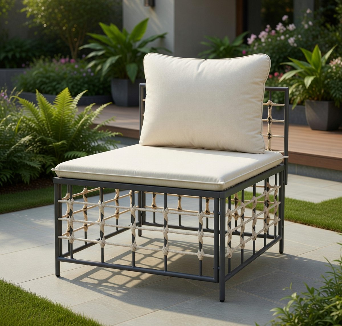 Luxe Tuin Middenbank met Beige Kussens – Weerbestendig Polyrotan & Stabiel Stalen Frame – Modulaire Tuinbank voor Terras, Balkon en Tuin – medahomestore