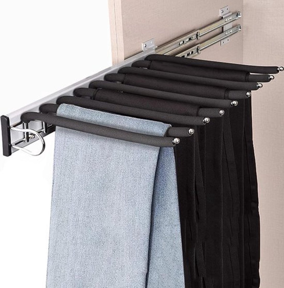 Broekhanger, uittrekbaar, broekophanging, ruimtebesparend, kledingstang, uittrekbaar met antislip flocking voor 9 broeken, roestvrij staal, broekophanging voor kledingkast, 46 cm (links)