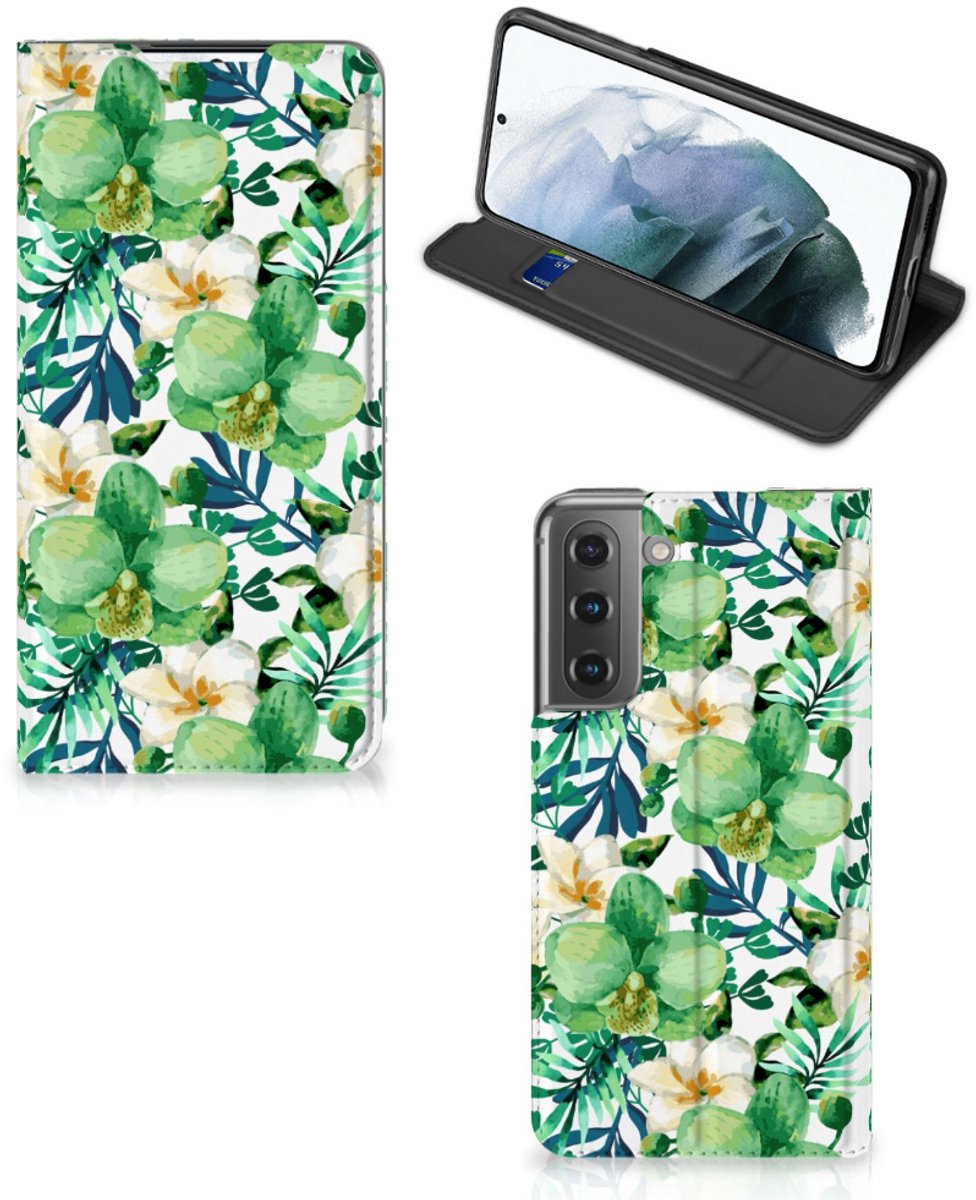 Standcase Hoesje voor Samsung Galaxy S21 FE Smart Cover Orchidee Groen