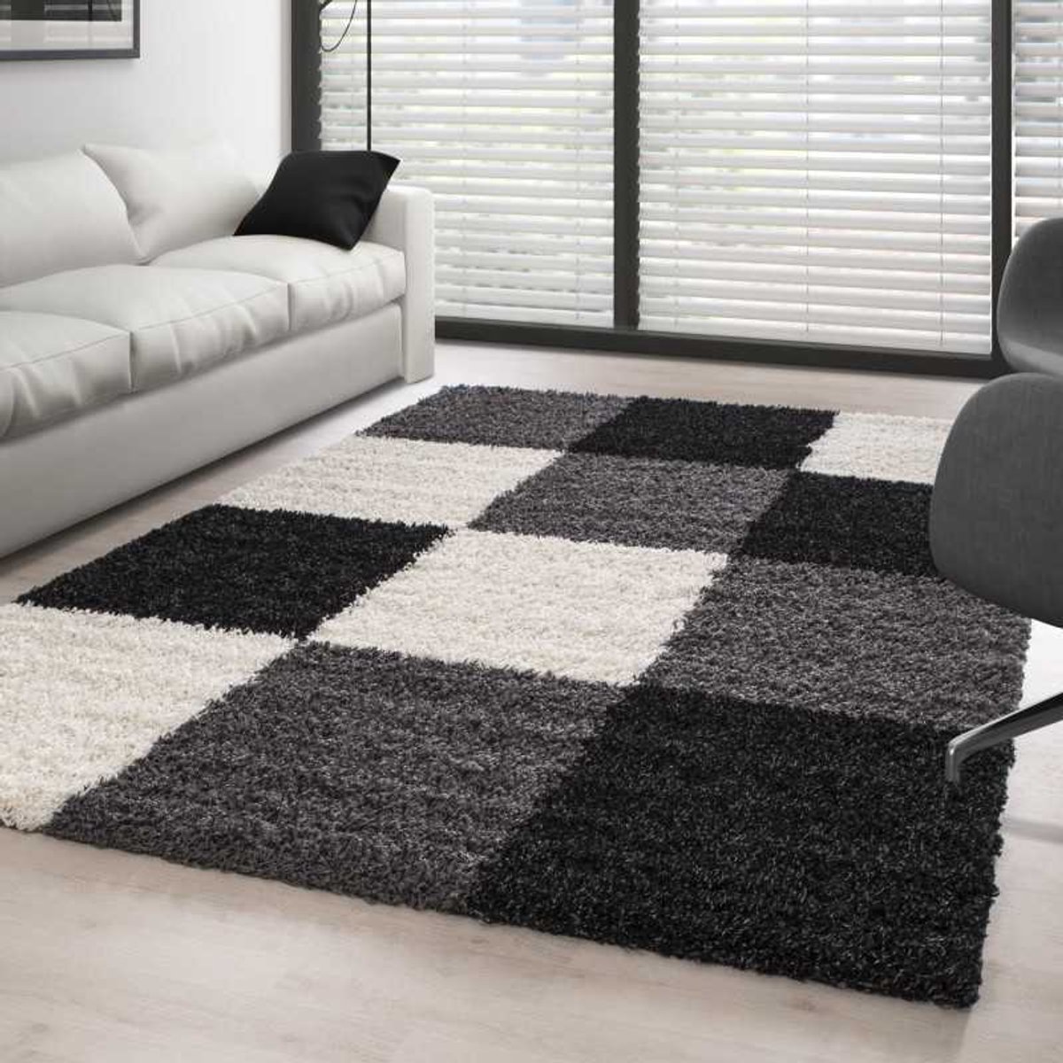Hoogpolig vloerkleed met ruitpatroon, zwart-wit-grijs 160x230 cm