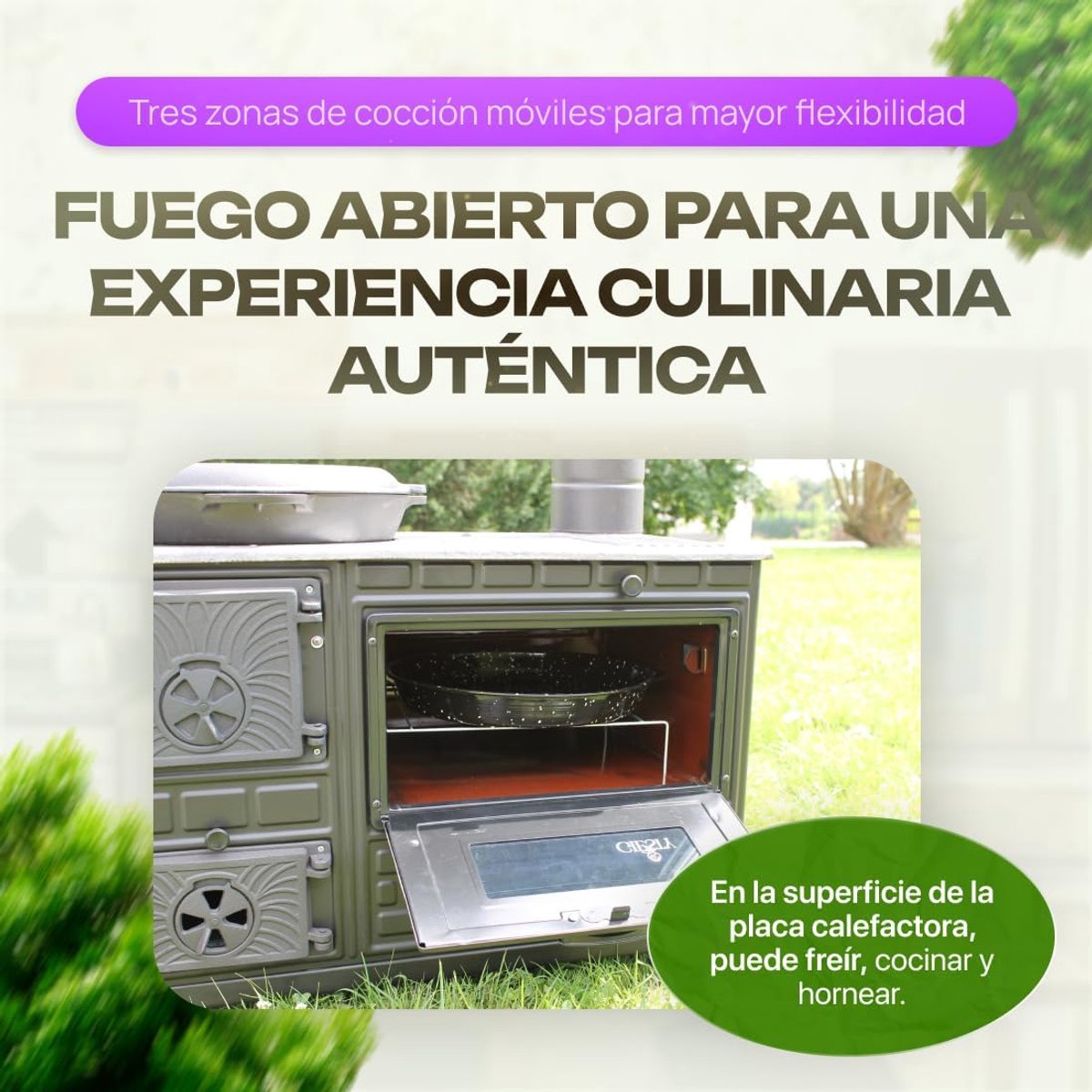 Outdoor Vuurkorf-Buitenoven & Outdoor Keuken Bellavero – Hout- en Houtskool Tuinoven met Pizza-, Brood- en Grillfunctie, Gietijzeren Kookplaat, Glazen Deur, Inclusief 2 Rookbuizen, Grijs