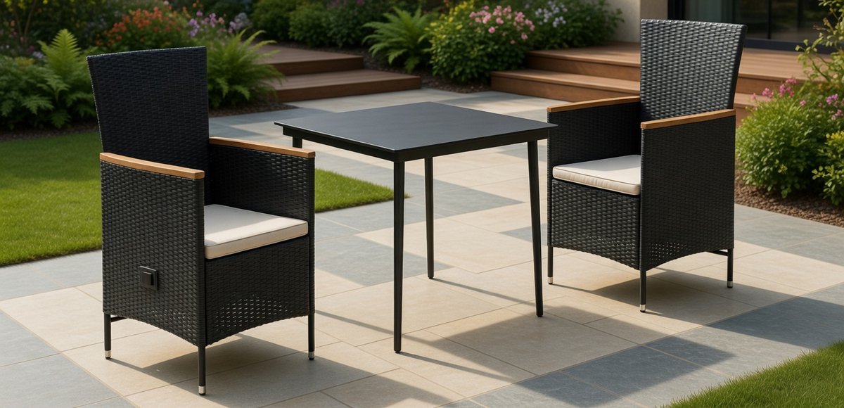 Luxe 3-Delige Polyrotan Tuin Eetgroep voor 2 Personen – Inclusief Comfortabele Kussens – Zwart & Bruin – Modern Design – MedaHomeStore