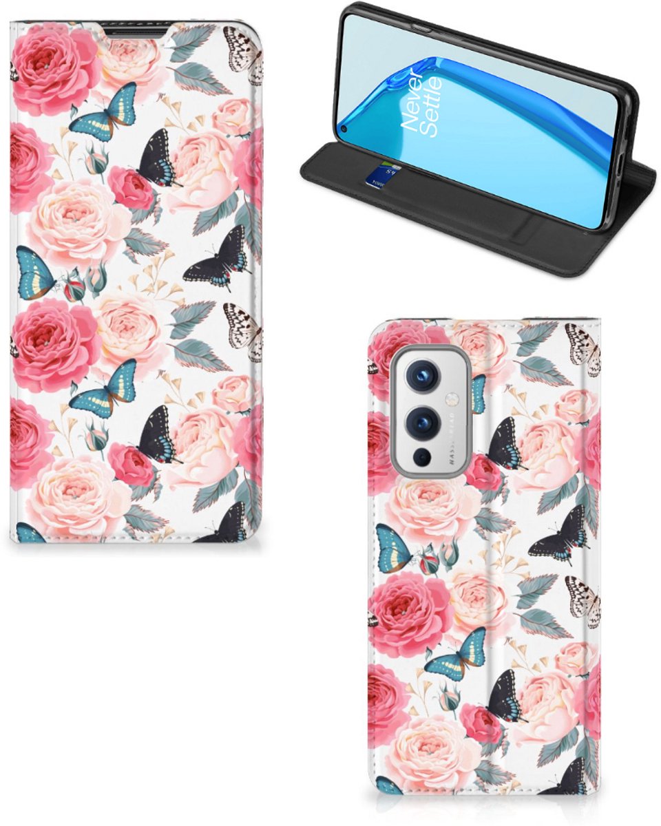 Book Case voor OnePlus 9 Smart Cover Butterfly Roses